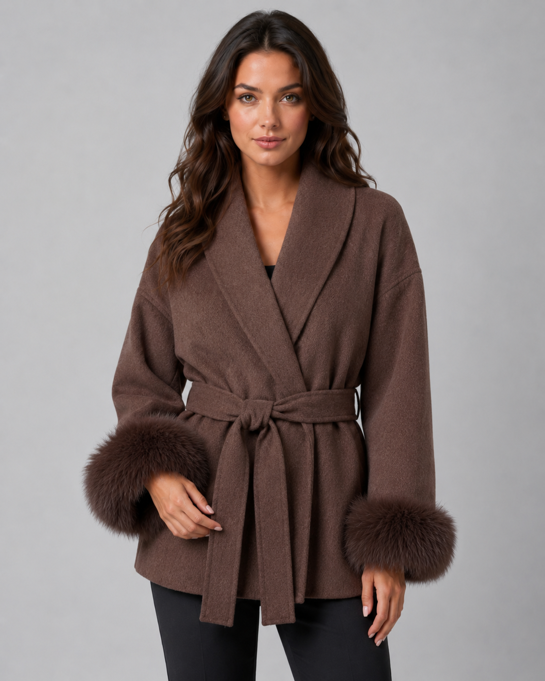 Women's Belted Wrap Coat with Faux Fur Cuffs and Shawl Collar