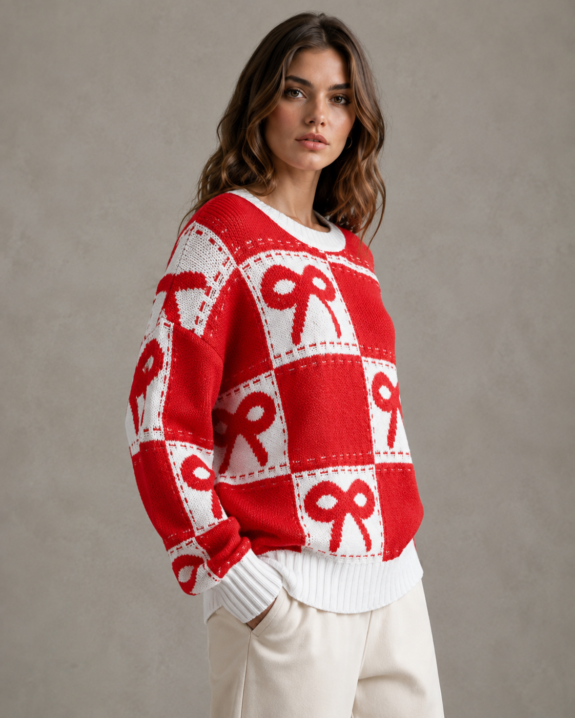 Women's Bow Knit Sweater - Checkerboard Streetwear