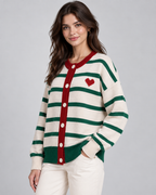 Women's Button-Front Striped Cardigan - Heart Detail