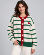 Women's Button-Front Striped Cardigan - Heart Detail