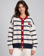 Women's Button-Front Striped Cardigan - Heart Detail
