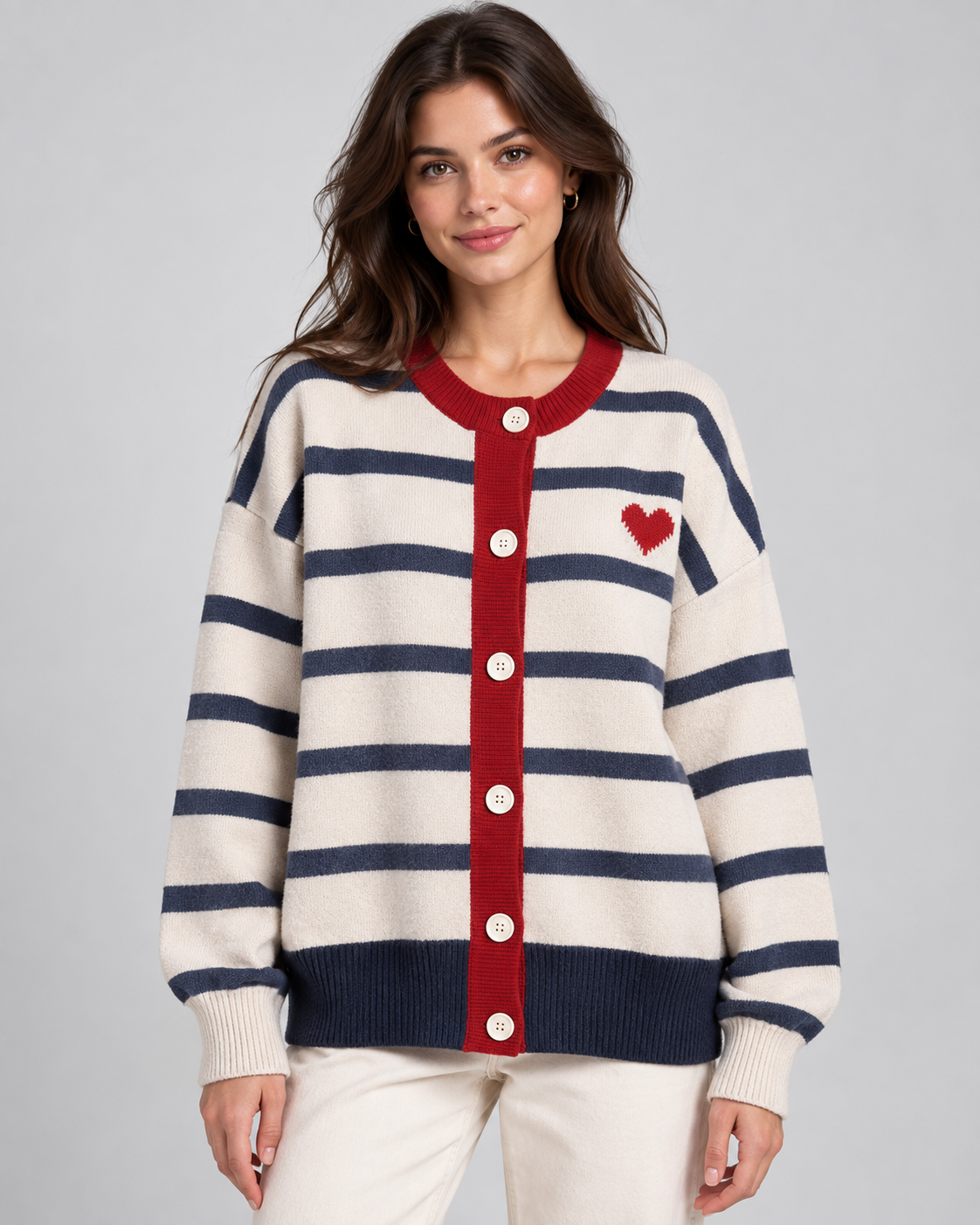 Women's Button-Front Striped Cardigan - Heart Detail