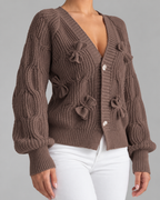 Women's Cable Knit Bow Cardigan - Balloon Sleeve