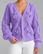 Women's Cable Knit Bow Cardigan - Balloon Sleeve