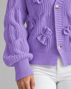 Women's Cable Knit Bow Cardigan - Balloon Sleeve