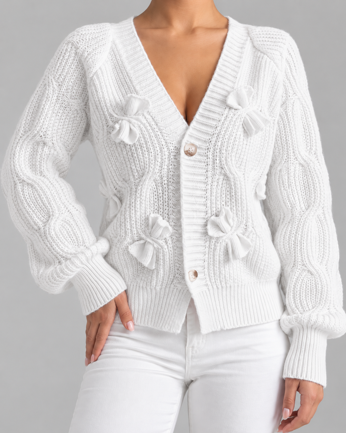 Women's Cable Knit Bow Cardigan - Balloon Sleeve