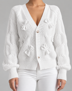 Women's Cable Knit Bow Cardigan - Balloon Sleeve