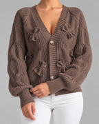 Women's Cable Knit Bow Cardigan - Balloon Sleeve