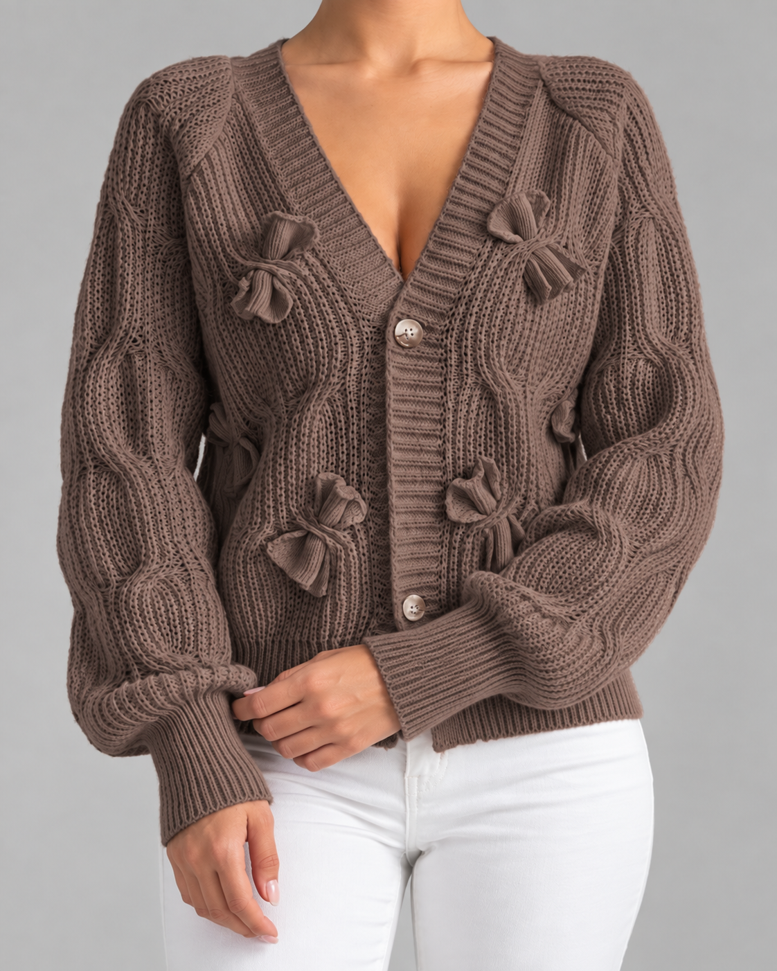 Women's Cable Knit Bow Cardigan - Balloon Sleeve