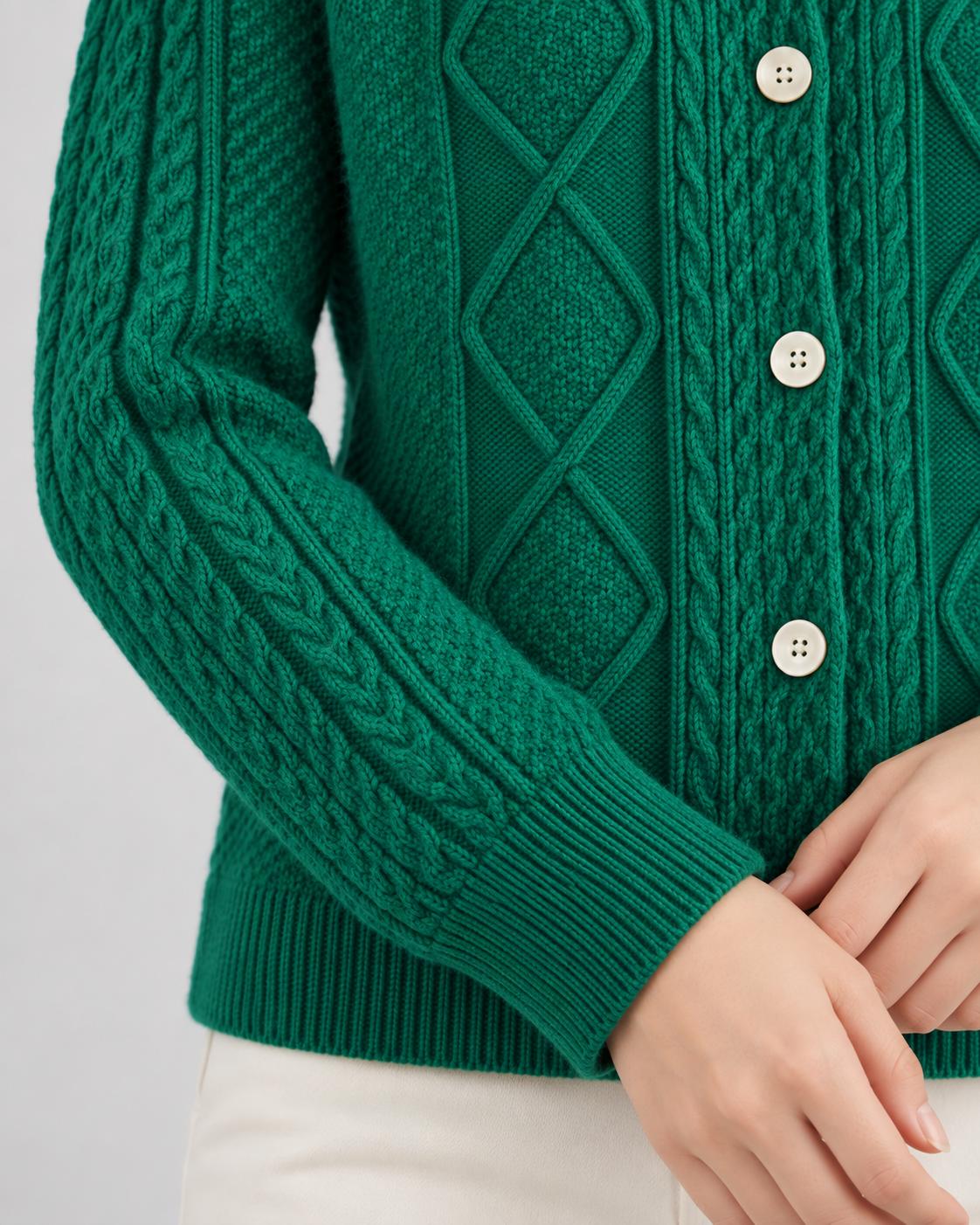 Women's Cable Knit Cardigan - Button-Front Crew Neck