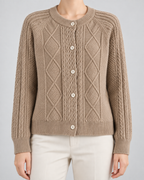 Women's Cable Knit Cardigan - Button-Front Crew Neck