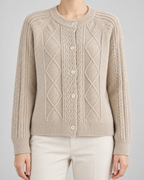 Women's Cable Knit Cardigan - Button-Front Crew Neck