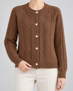 Women's Cable Knit Cardigan - Button-Front Crew Neck