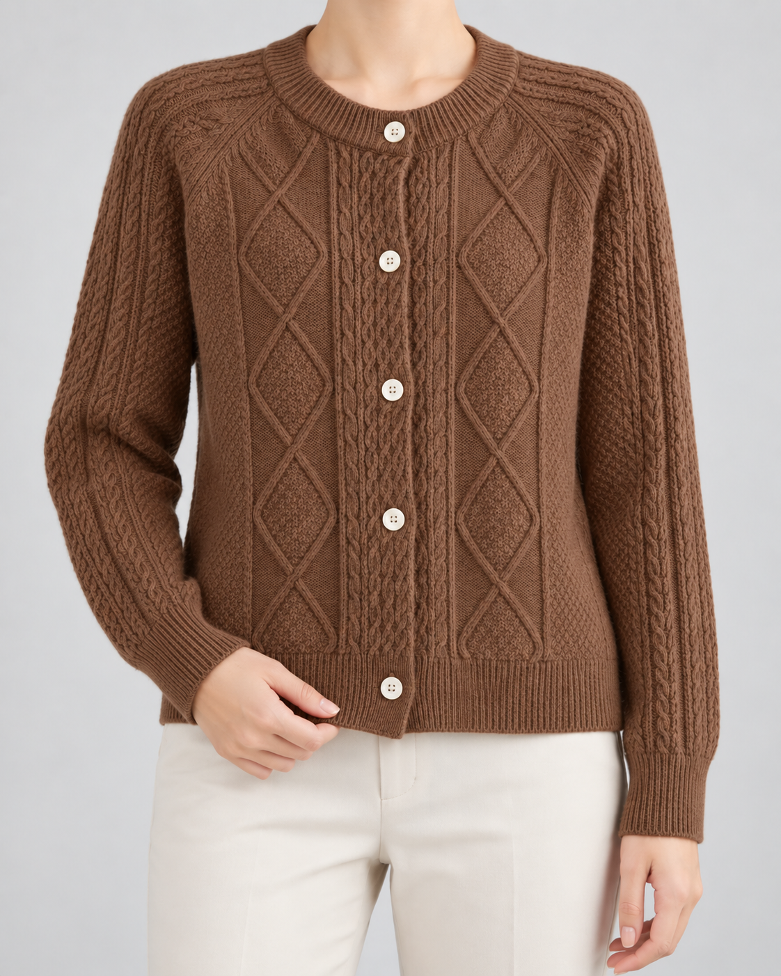 Women's Cable Knit Cardigan - Button-Front Crew Neck