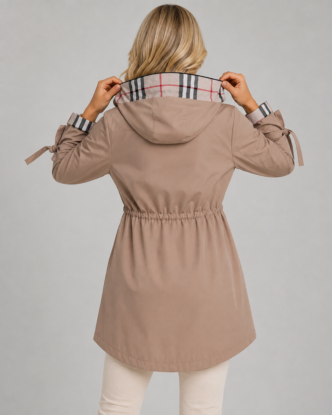 Women's Check-Lined Hooded Trench Coat - Adjustable Waist