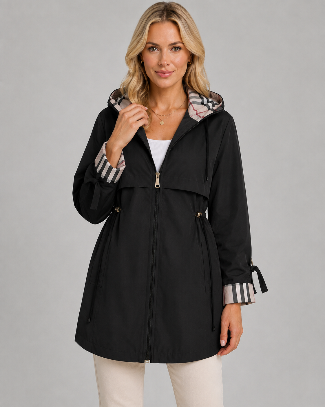 Women's Check-Lined Hooded Trench Coat - Adjustable Waist