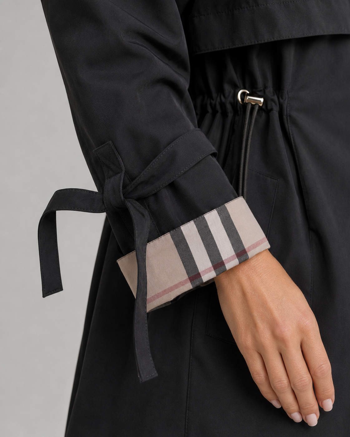 Women's Check-Lined Hooded Trench Coat - Adjustable Waist