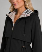 Women's Check-Lined Hooded Trench Coat - Adjustable Waist