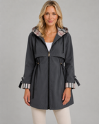 Women's Check-Lined Hooded Trench Coat - Adjustable Waist