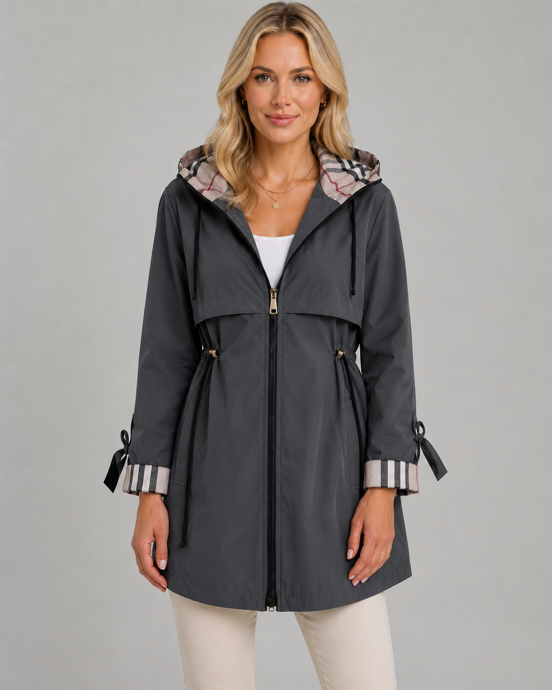 Women's Check-Lined Hooded Trench Coat - Adjustable Waist