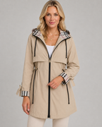 Women's Check-Lined Hooded Trench Coat - Adjustable Waist