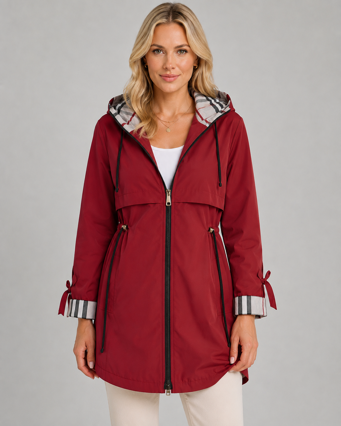 Women's Check-Lined Hooded Trench Coat - Adjustable Waist