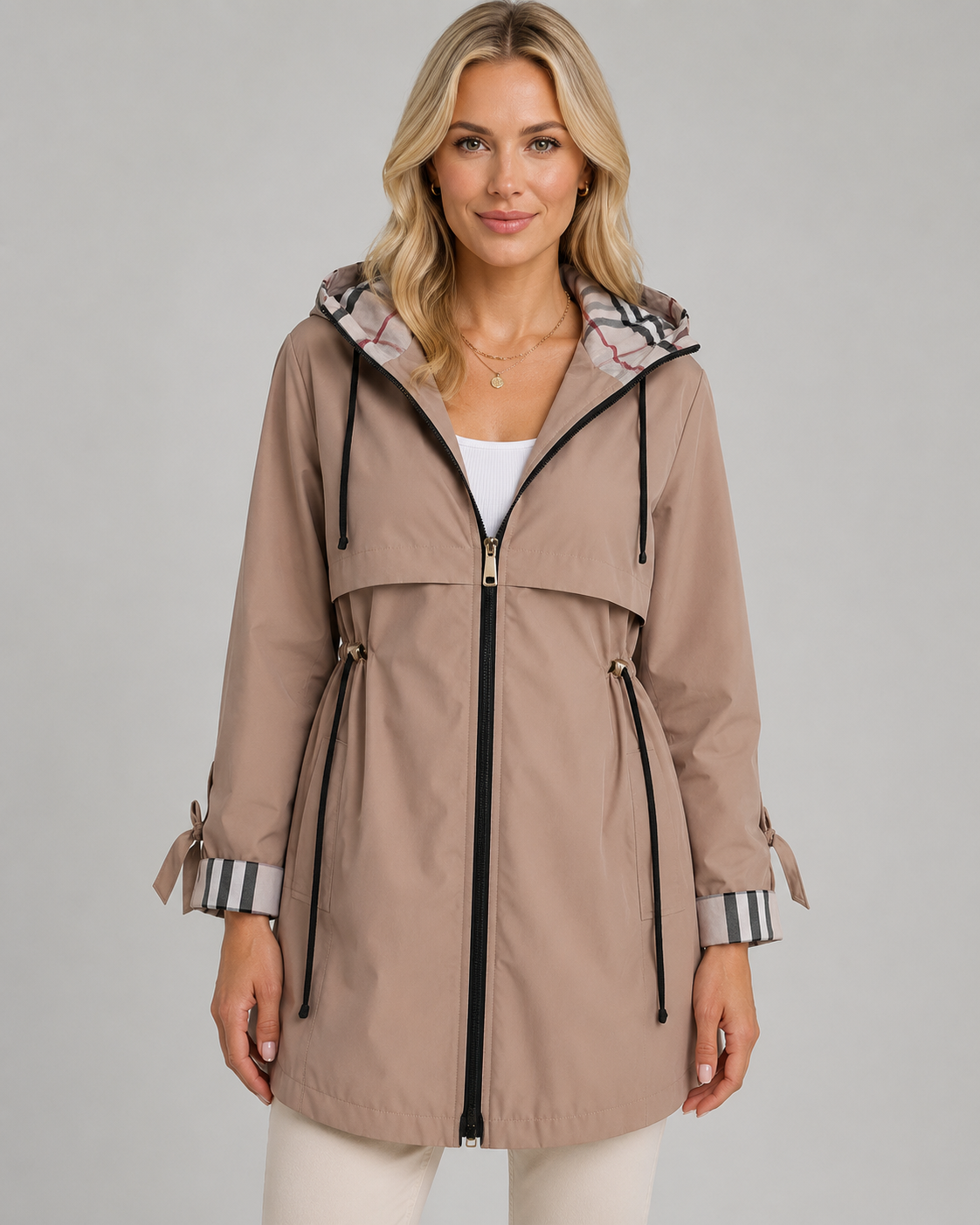 Women's Check-Lined Hooded Trench Coat - Adjustable Waist