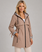 Women's Check-Lined Hooded Trench Coat - Adjustable Waist