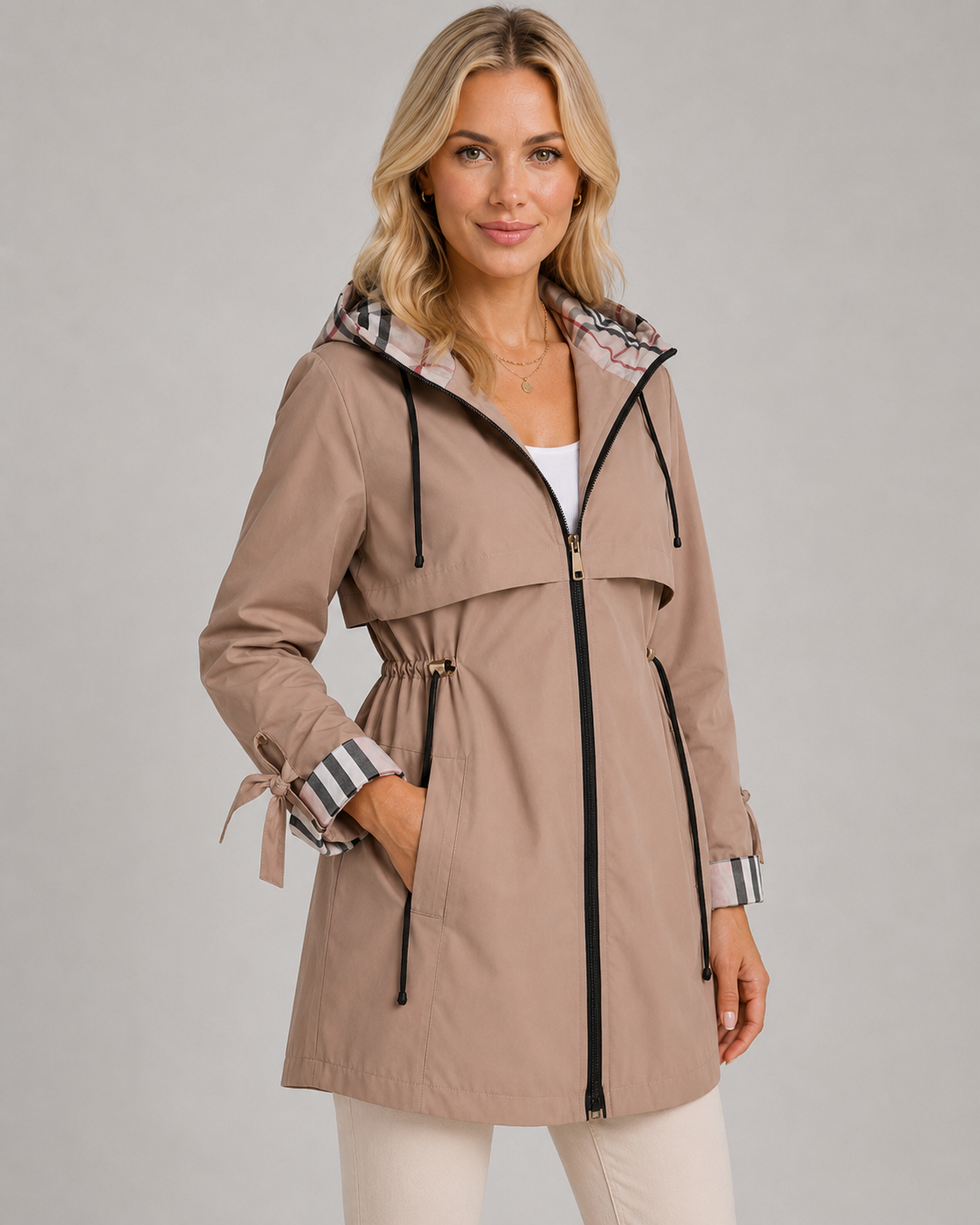 Women's Check-Lined Hooded Trench Coat - Adjustable Waist
