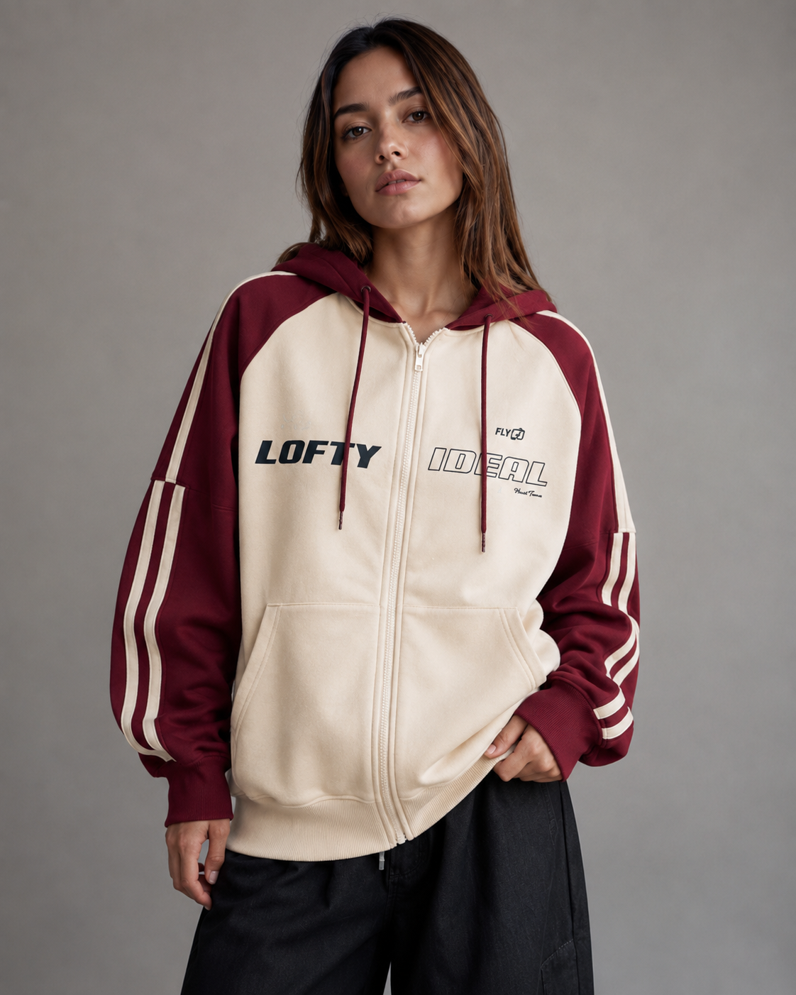 Women's Color Block Zip Up Hoodie - Striped Sleeve Oversized Fit