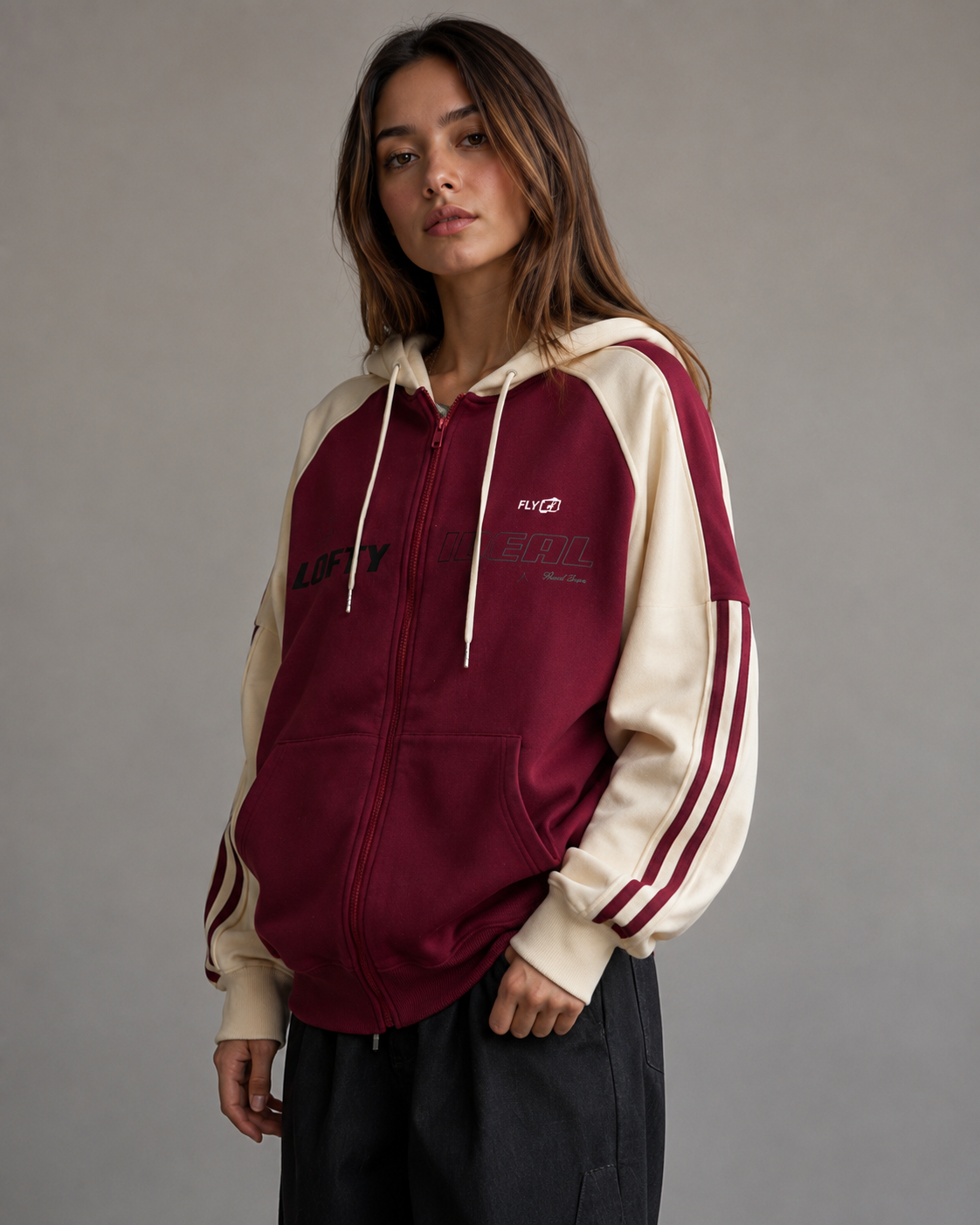 Women's Color Block Zip Up Hoodie - Striped Sleeve Oversized Fit