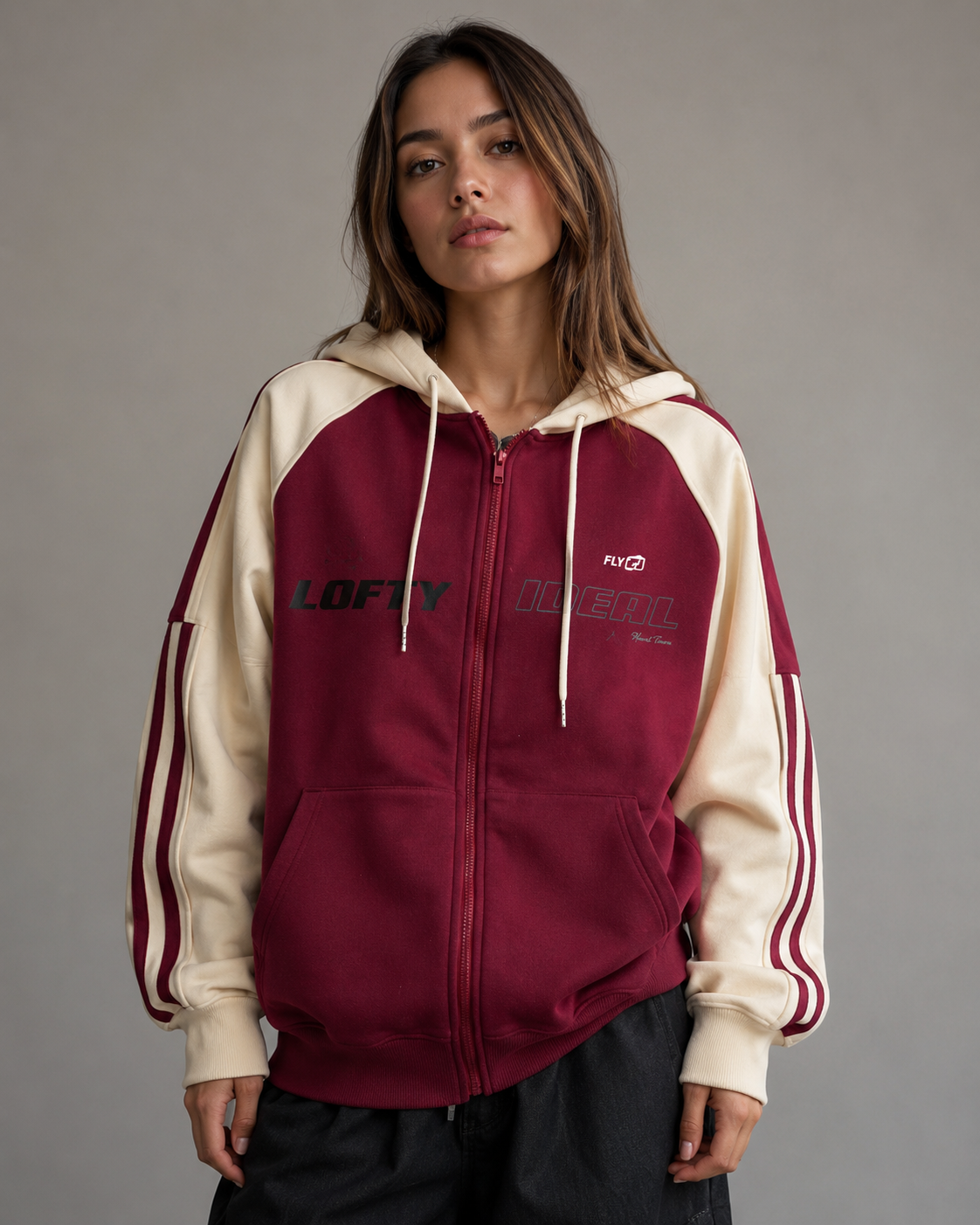 Women's Color Block Zip Up Hoodie - Striped Sleeve Oversized Fit