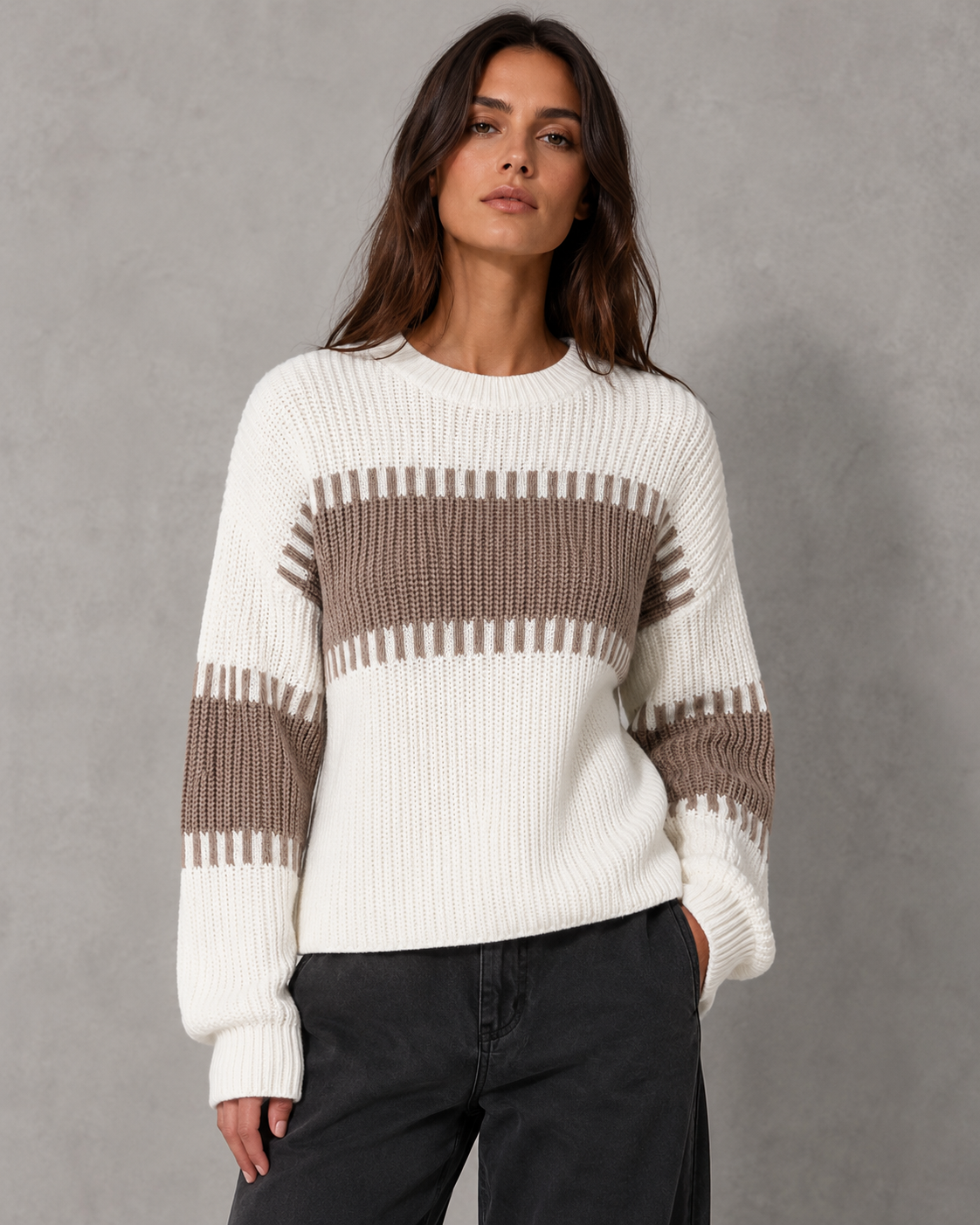 Women's Colorblock Knit Sweater - Crew Neck Long Sleeve Relaxed Fit