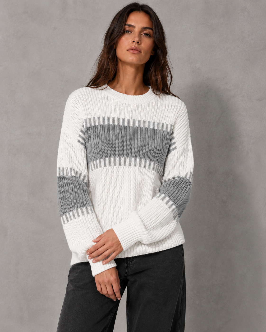 Women's Colorblock Knit Sweater - Crew Neck Long Sleeve Relaxed Fit