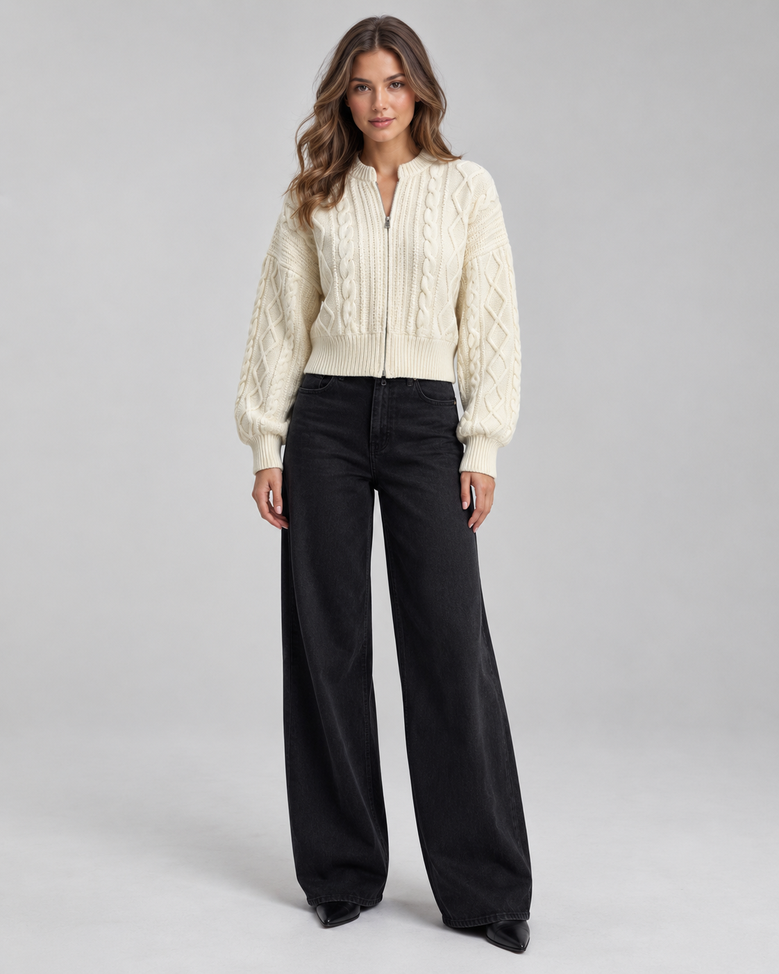 Women's Cropped Balloon Sleeve Cable Knit Cardigan