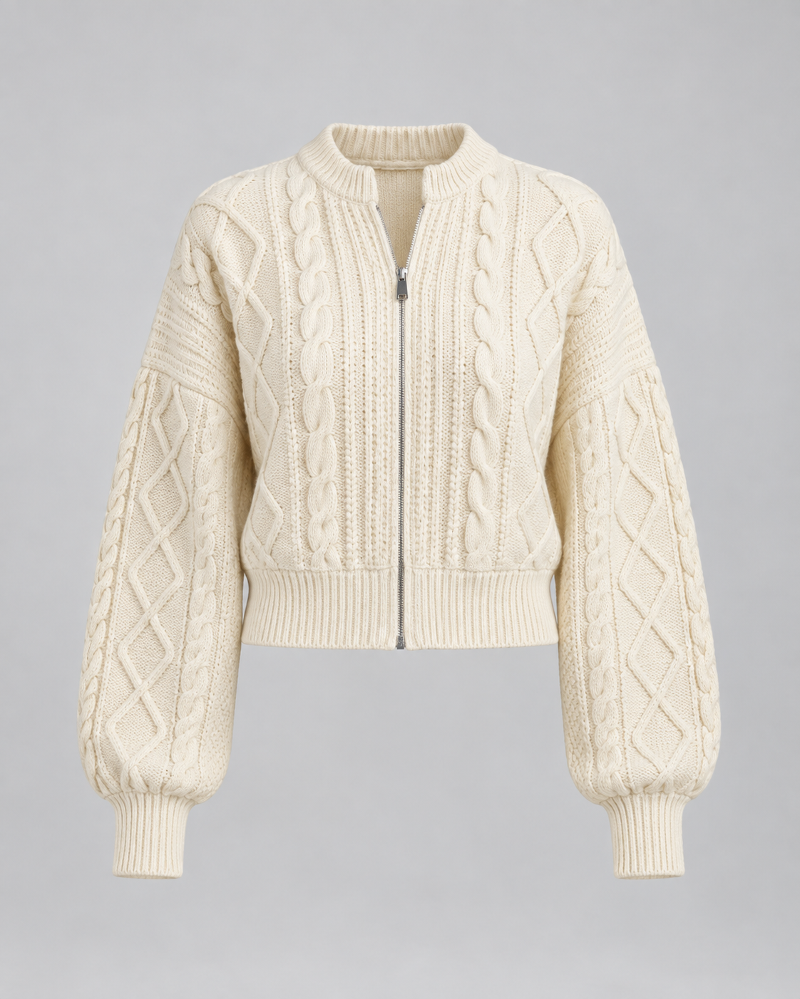 Women's Cropped Balloon Sleeve Cable Knit Cardigan