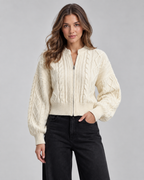Women's Cropped Balloon Sleeve Cable Knit Cardigan