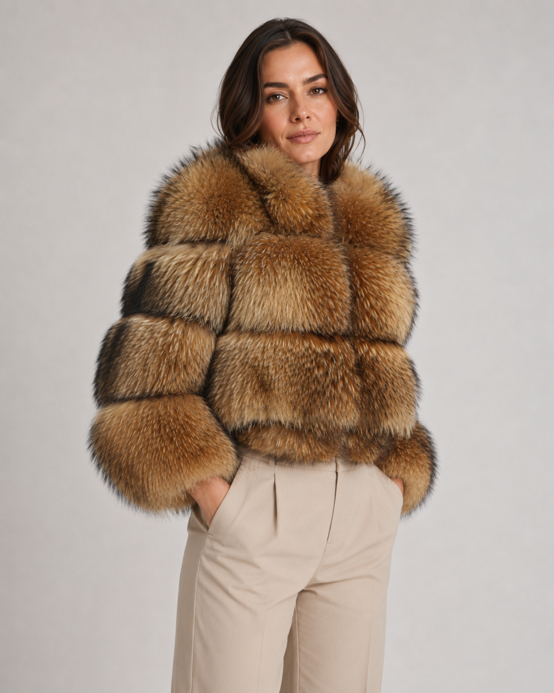 Women's Cropped Brown Fur Jacket - Oversized Collar