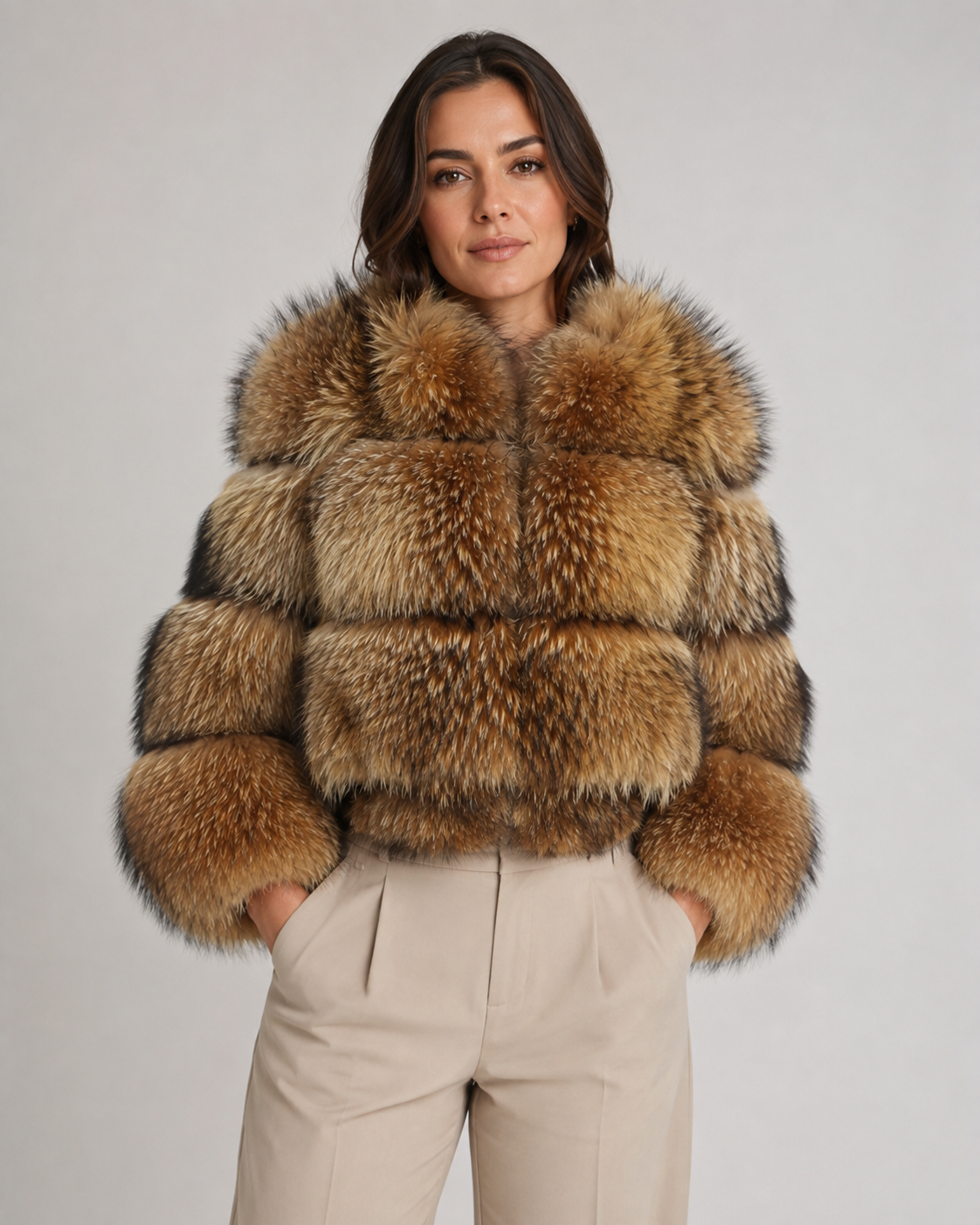 Women's Cropped Brown Fur Jacket - Oversized Collar