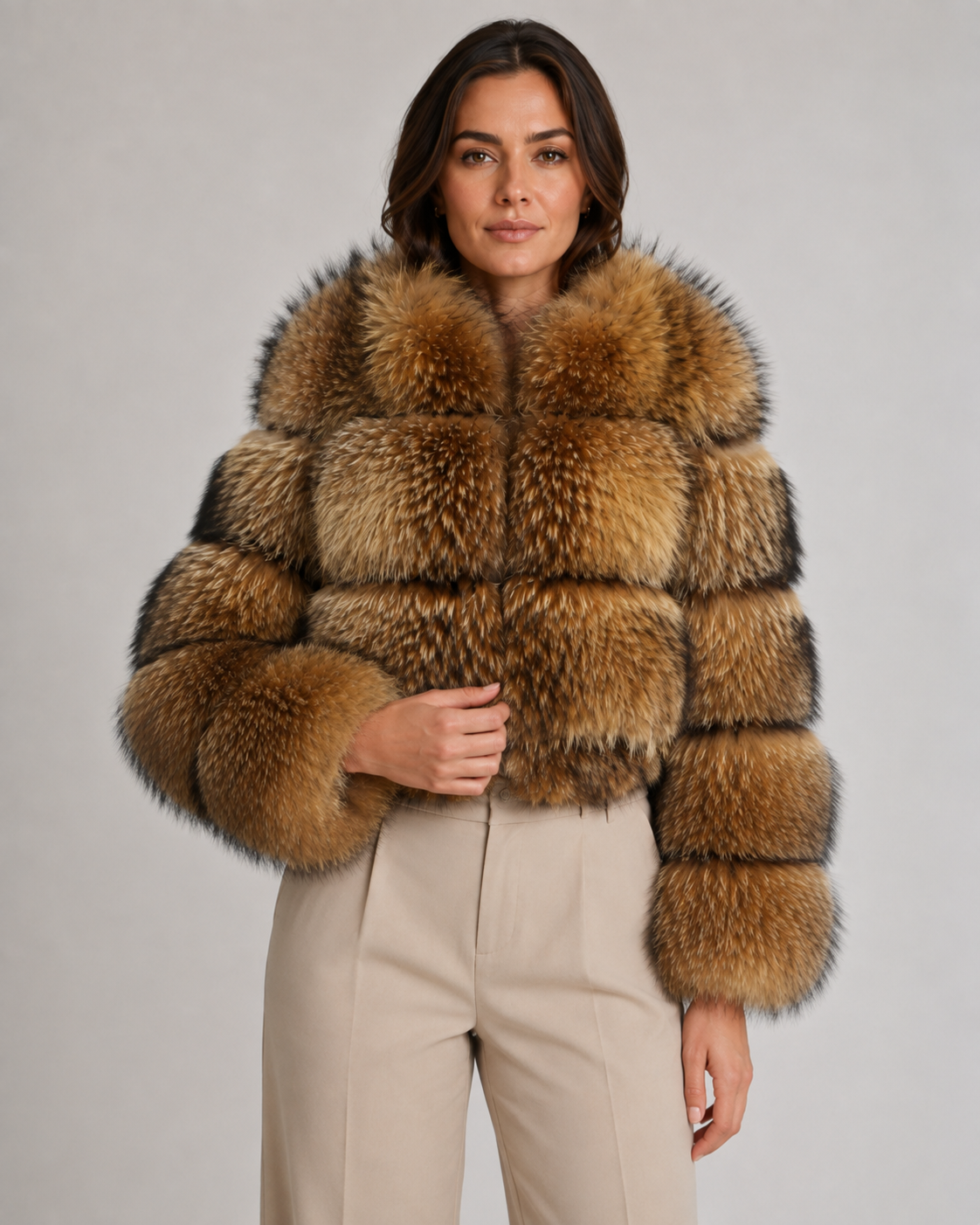 Women's Cropped Brown Fur Jacket - Oversized Collar