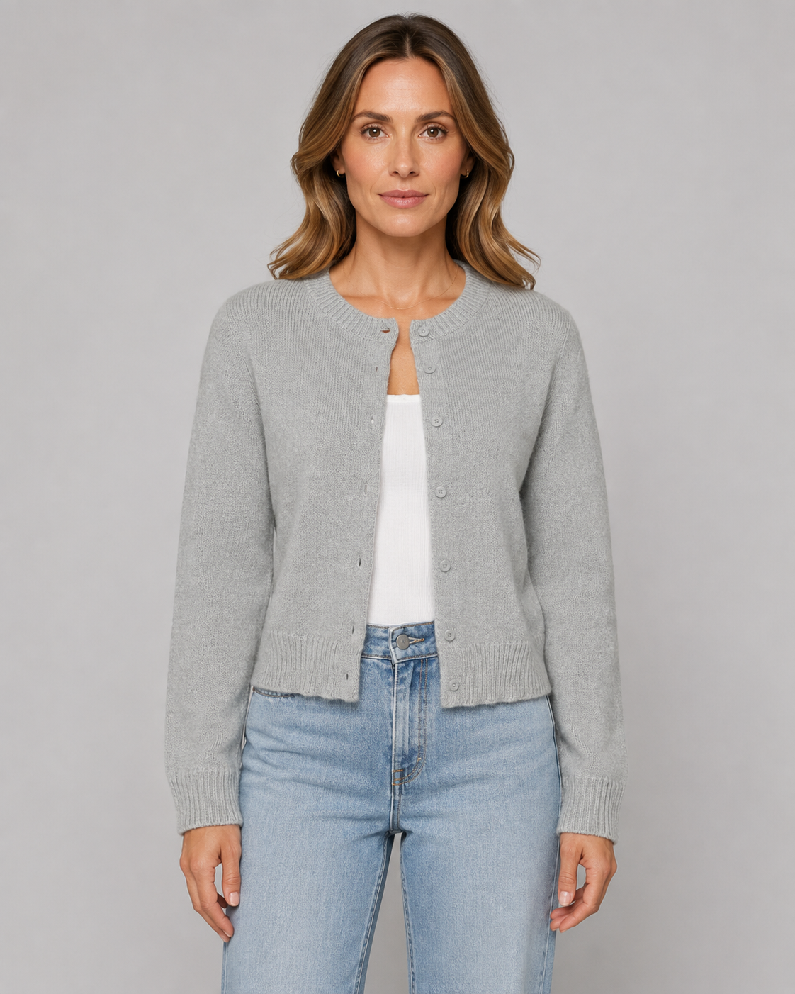 Women's Cropped Button Cardigan - Crew Neck Relaxed Fit