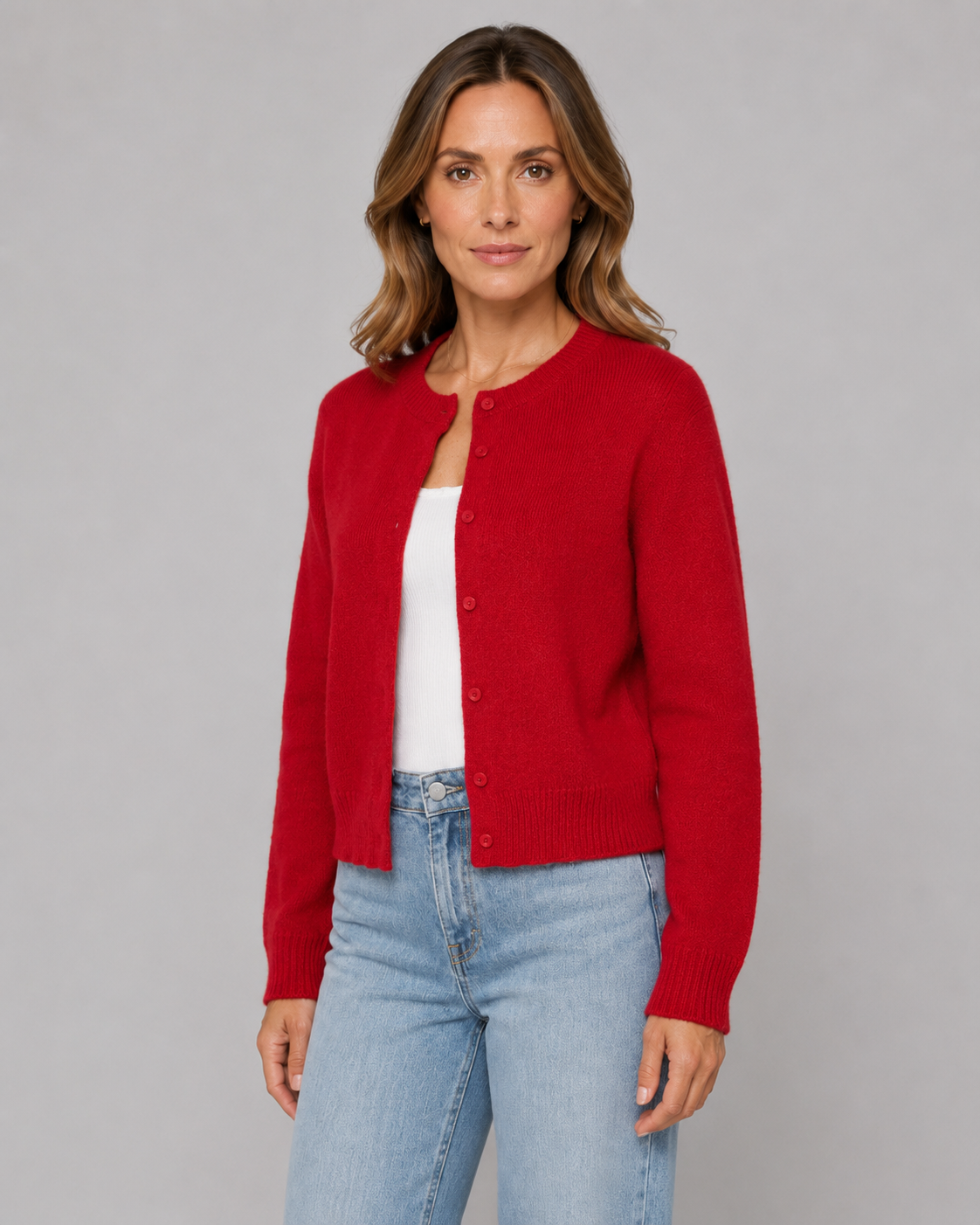 Women's Cropped Button Cardigan - Crew Neck Relaxed Fit