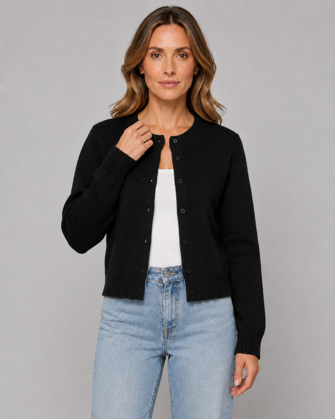Women's Cropped Button Cardigan - Crew Neck Relaxed Fit