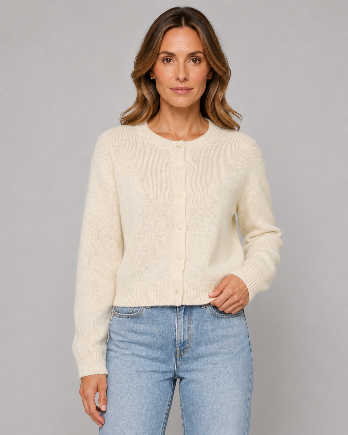 Women's Cropped Button Cardigan - Crew Neck Relaxed Fit