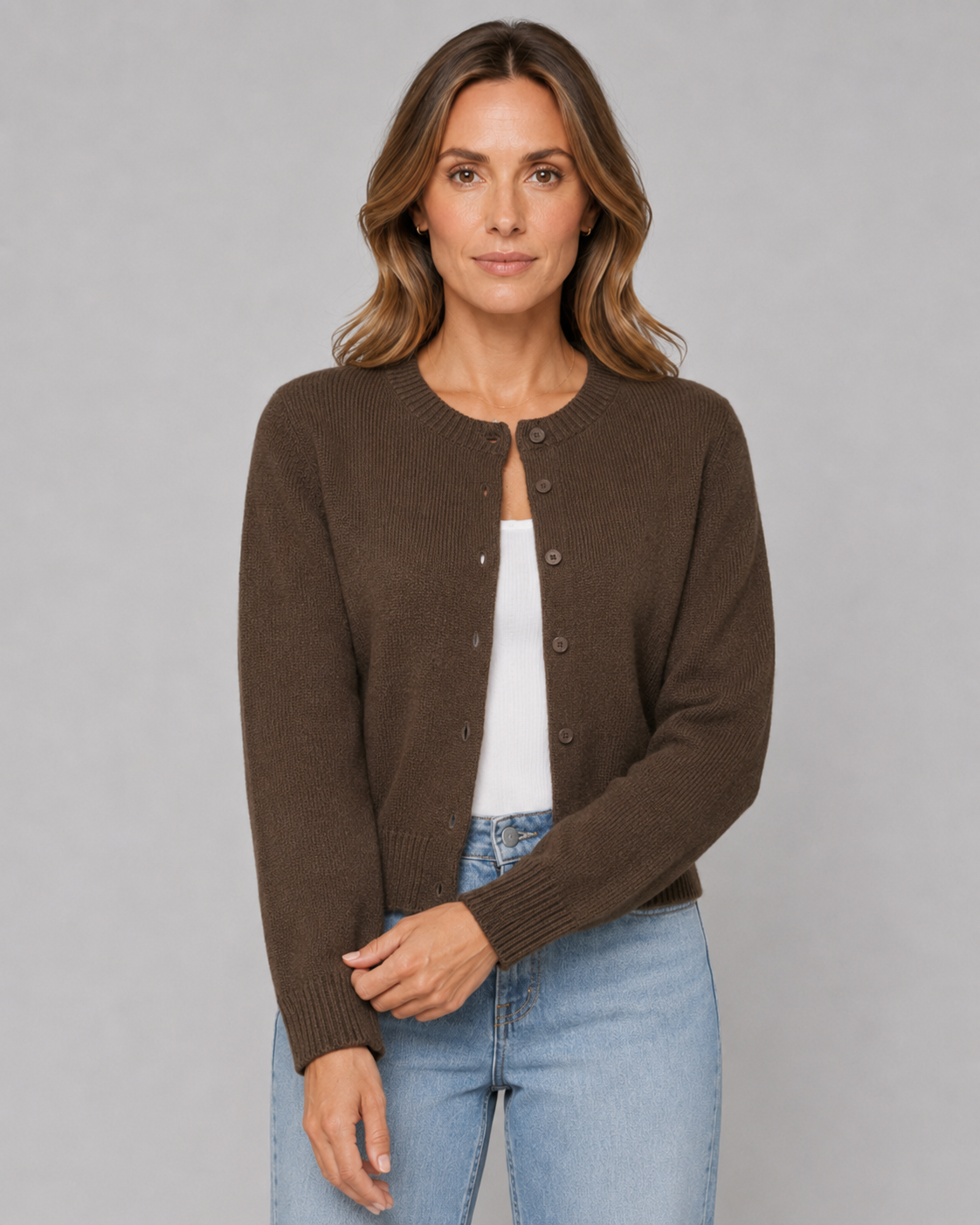 Women's Cropped Button Cardigan - Crew Neck Relaxed Fit