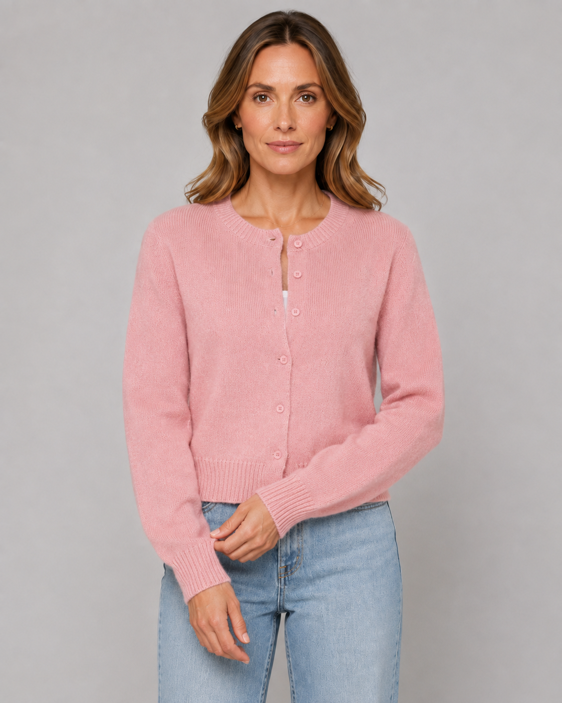 Women's Cropped Button Cardigan - Crew Neck Relaxed Fit
