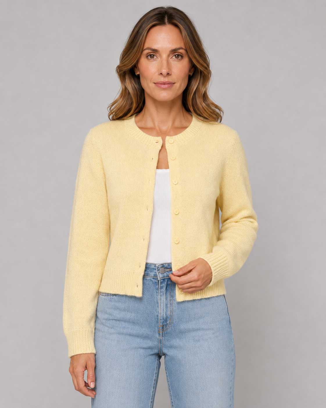 Women's Cropped Button Cardigan - Crew Neck Relaxed Fit