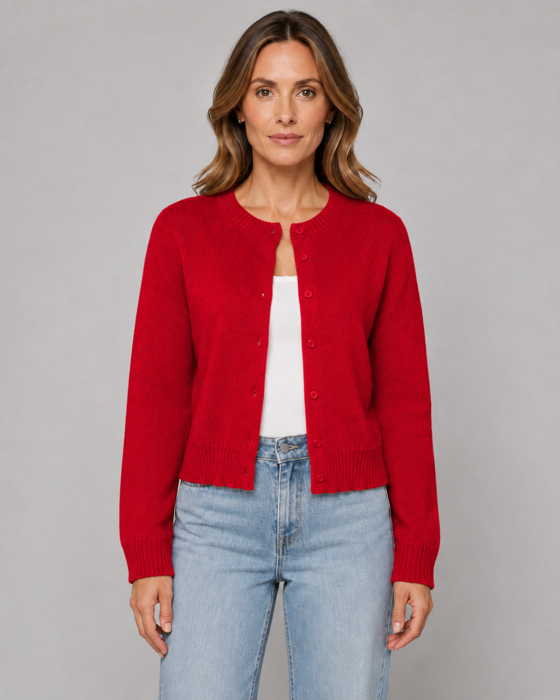 Women's Cropped Button Cardigan - Crew Neck Relaxed Fit