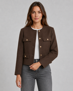 Women's Cropped Collarless Jacket with Gold Buttons