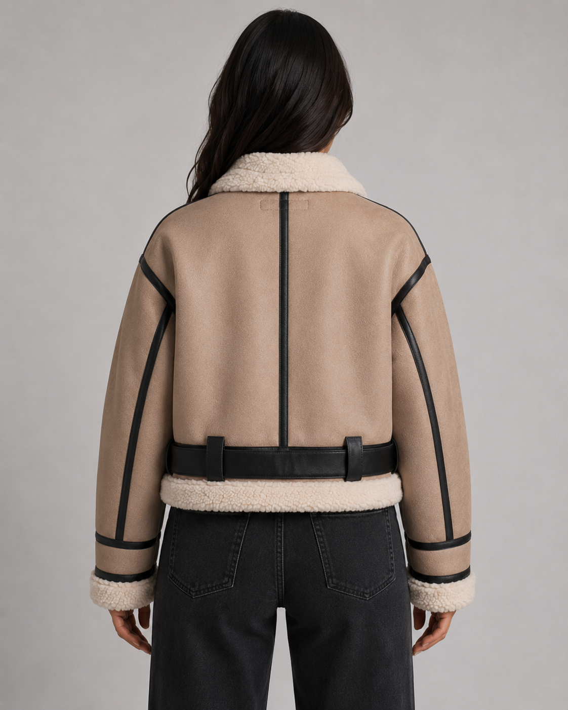 Women's Cropped Faux Leather Aviator Jacket with Shearling Collar